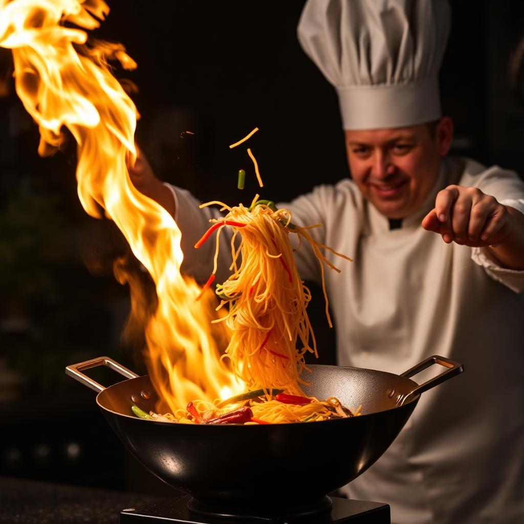 Koch am flammenden Wok